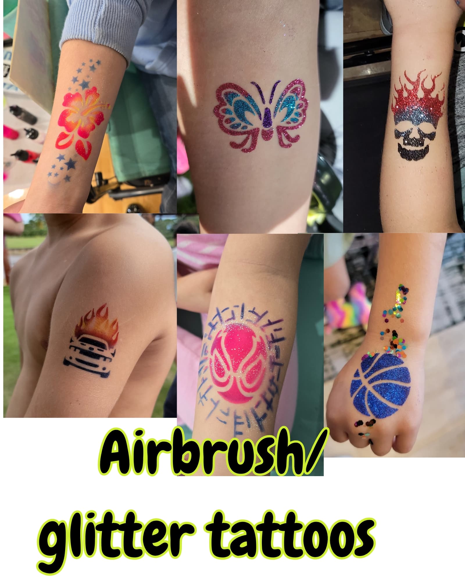 Colorful airbrush and glitter tattoos on skin featuring a butterfly, flaming skull, and basketball.