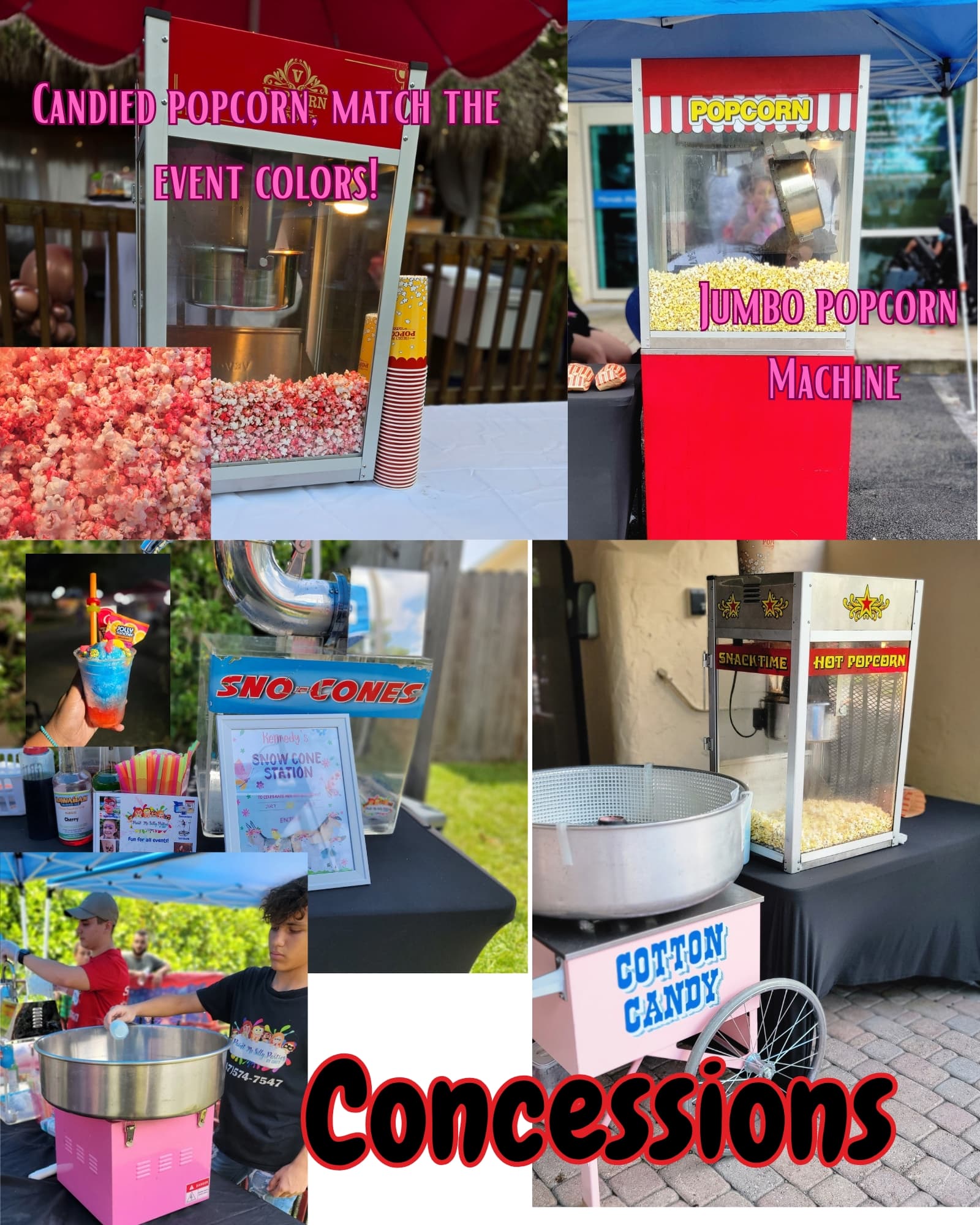 Collage of colorful event concession machines featuring popcorn, sno-cones, and cotton candy stations.