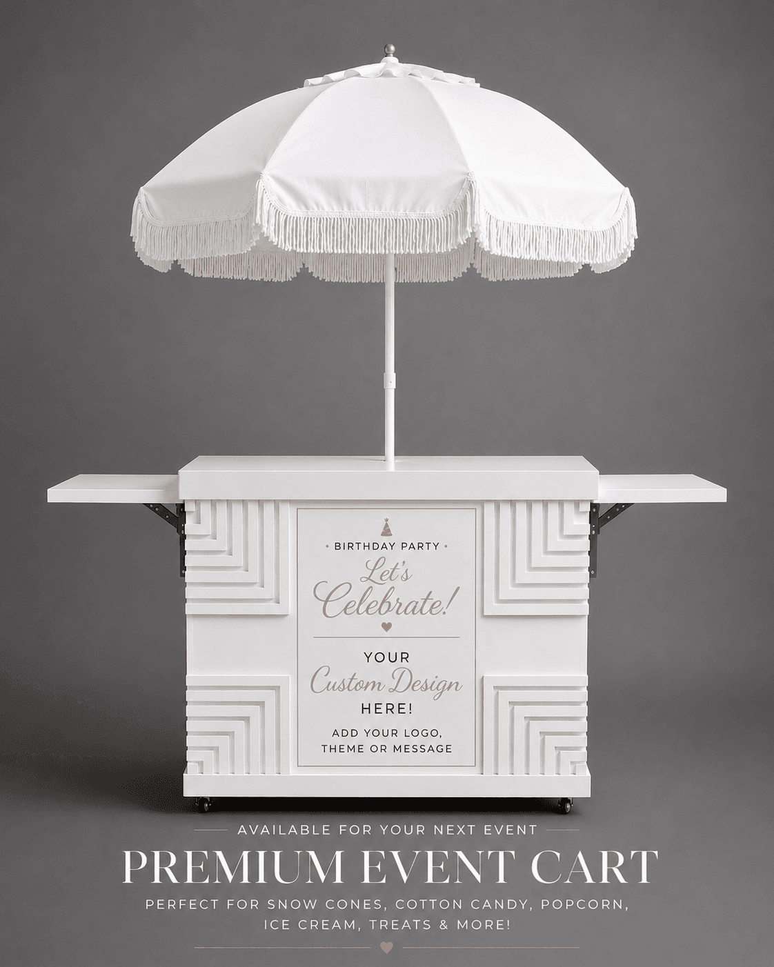 Elegant white event cart featuring a fringed umbrella and customizable panel for special celebrations.