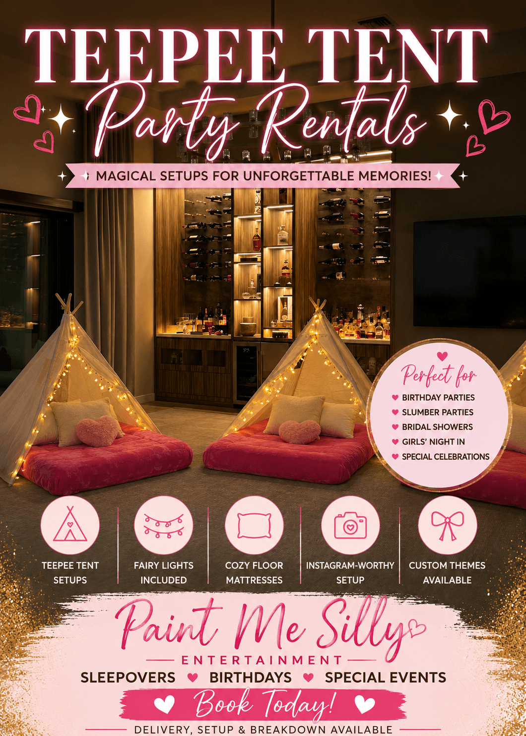 Flyer for teepee tent rentals featuring cozy indoor setups with fairy lights and pink mattresses.