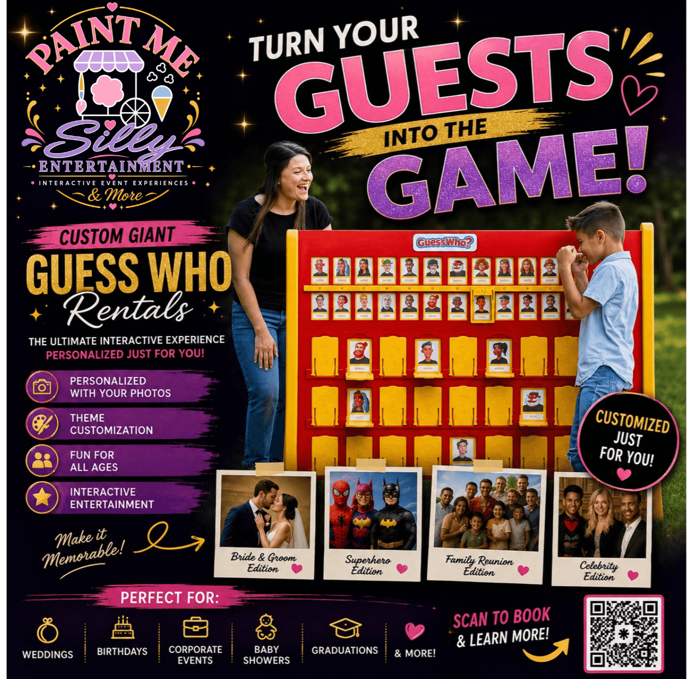 Promotional flyer for custom giant Guess Who game rentals featuring personalized photos for various events.